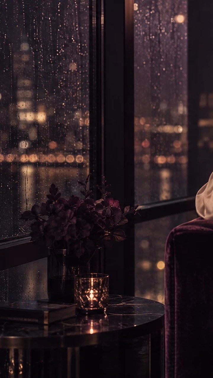 Emmeline's evening: rain on a penthouse window above a sleeping city