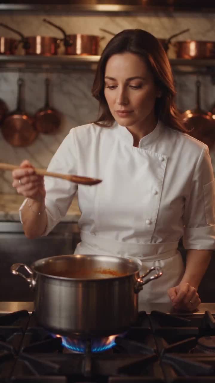 Valentina in chef's whites in her Testaccio kitchen, tasting from a wooden spoon