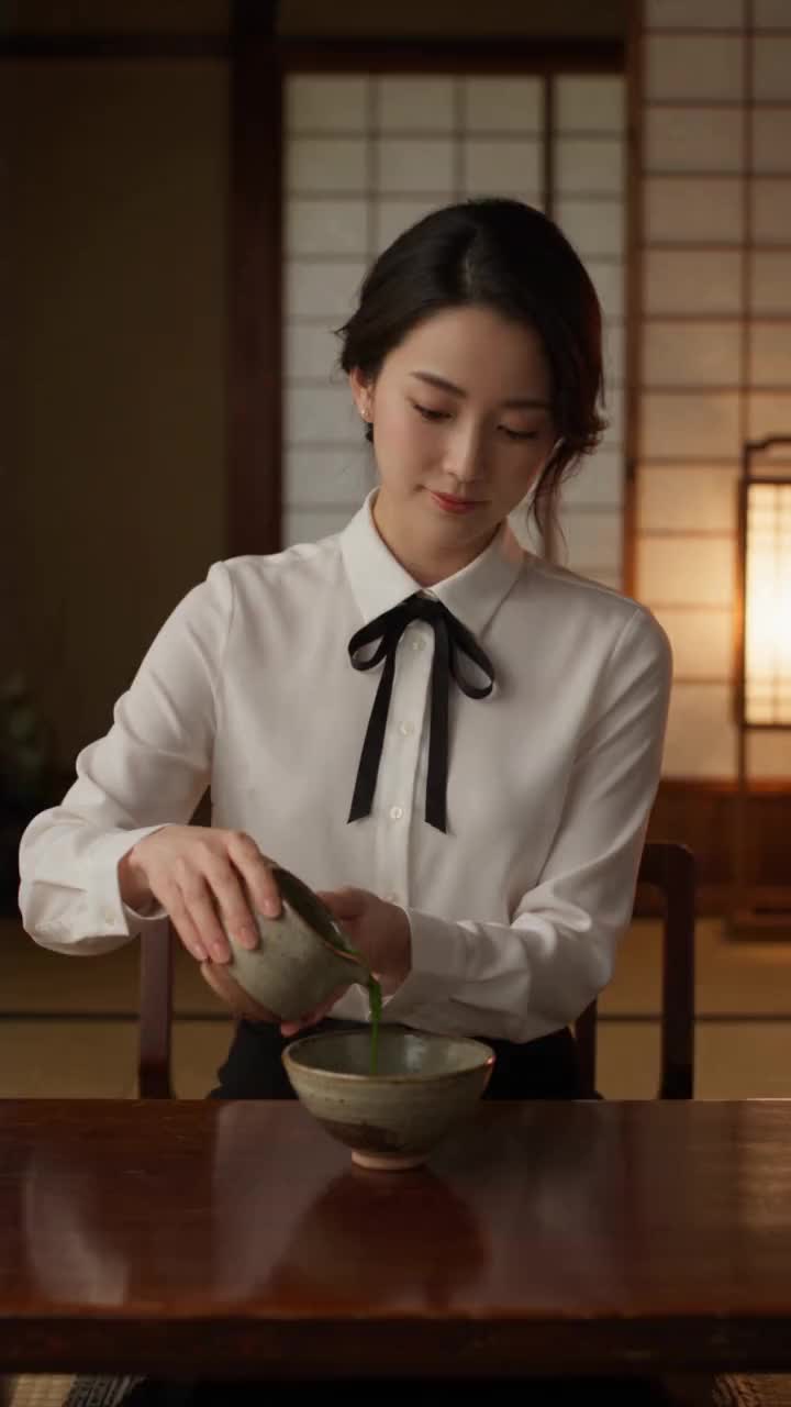 Yuki pouring matcha at a low table in a quiet Kyoto tea house