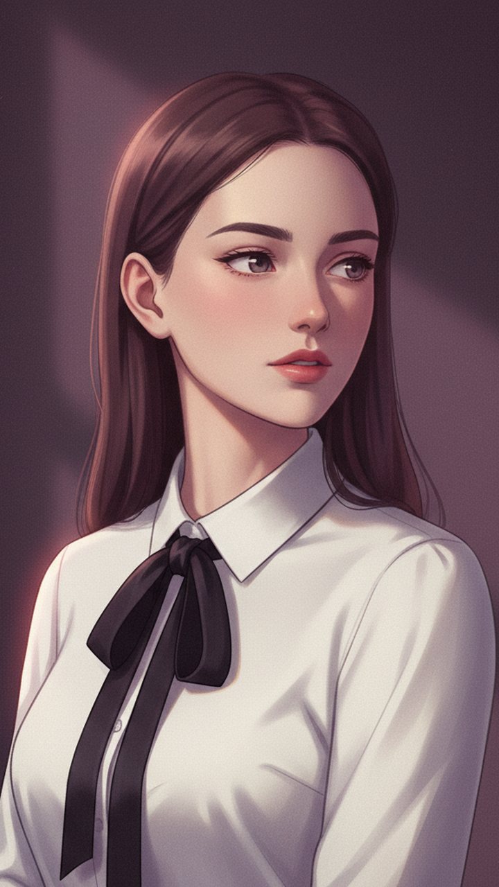 Zosia at her rain-flecked window in Kraków, ribbon bow at her collar and sketchbook open